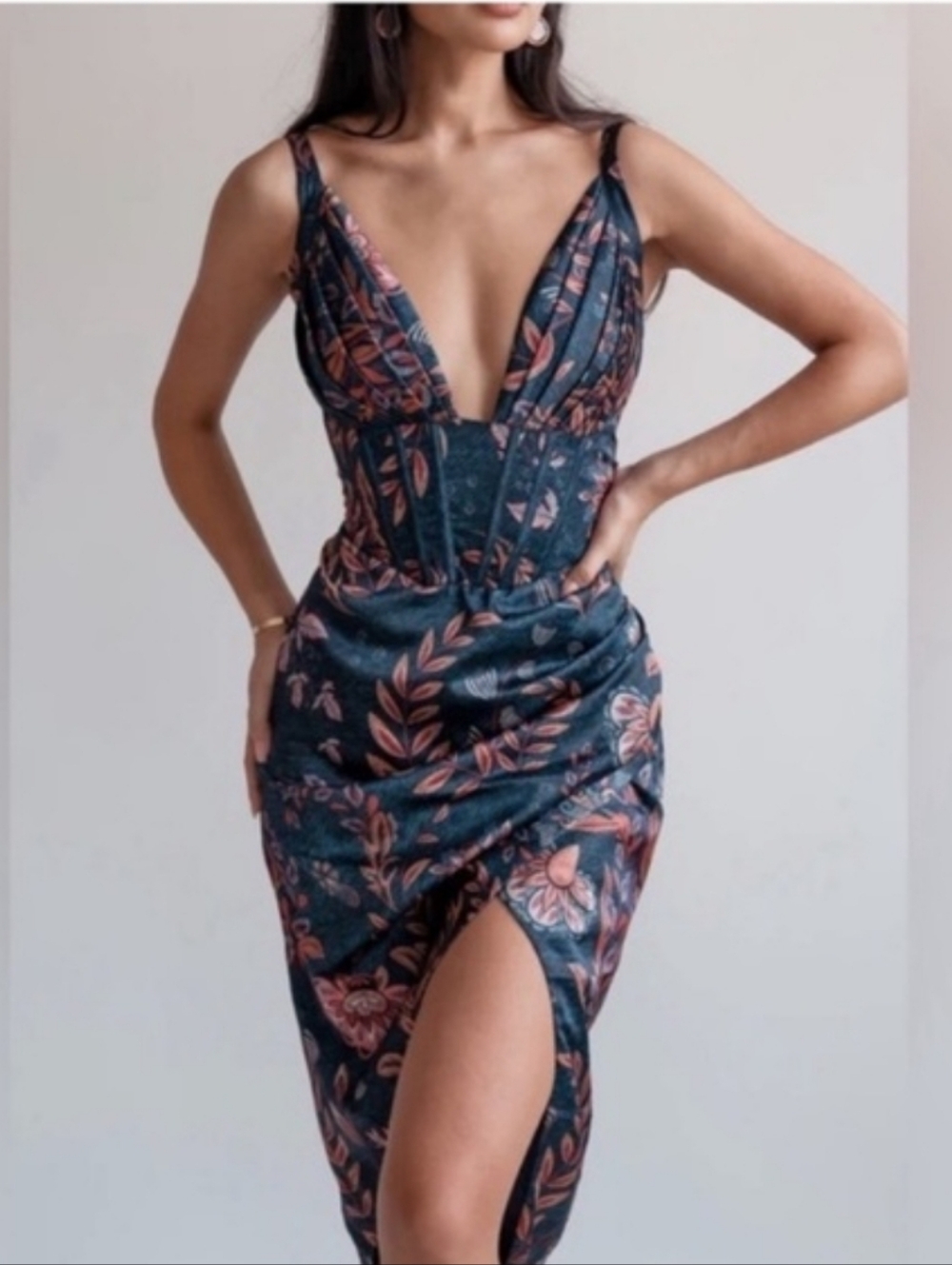 Floral Plunge Midi Corset Dress with Side Slit - Navy & Rose